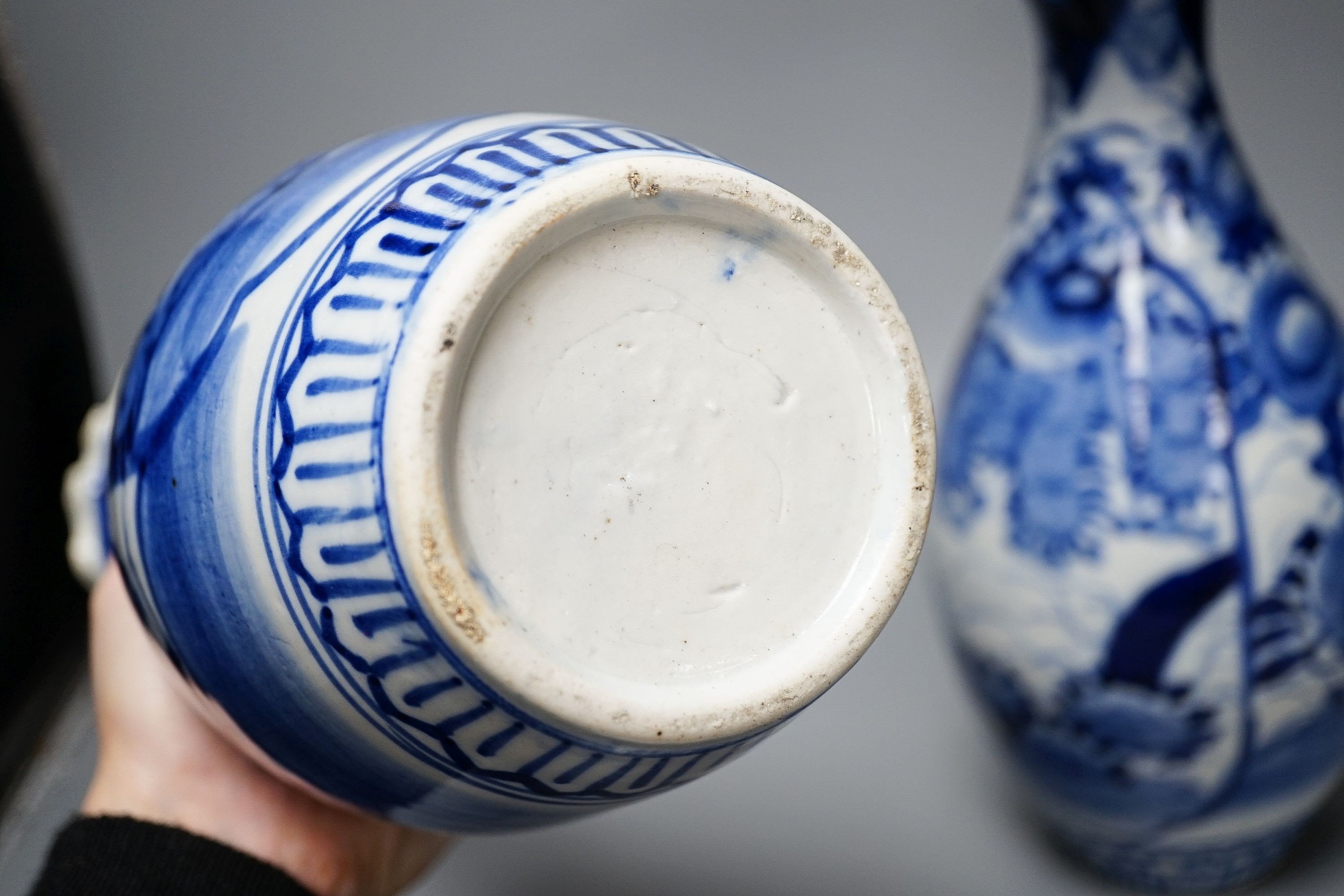 Two provincial Chinese blue and white jars and a pair of Japanese vases 32cm